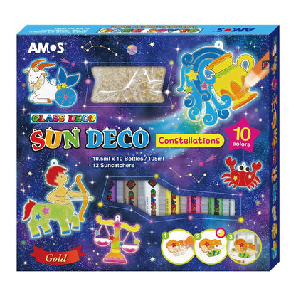 AMOS Sun Deco Window Art Kit for Kids — 10.5 ml x 10 Colors — 12 Small Gold Outline Suncatchers (Constellations), DIY Kids Arts and Crafts