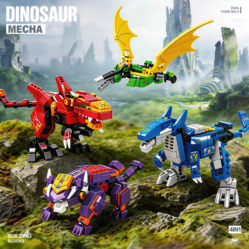4-in-1 Dino Mecha Kit, Transform Robot Toy Gift for Boys Kids 8+, 904PCS
