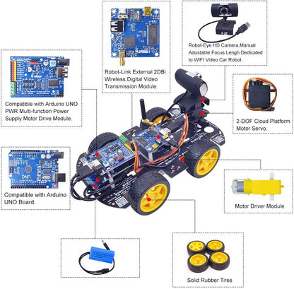 WiFi Smart Robot Car Kit with UNO R3, Line Tracking and Obstacle Avoidance Ultrasonic Sensor, HD Camera Wireless RC Intelligent Educational Kit Car Robotic Kit for Arduino Learner (Upgraded Version)