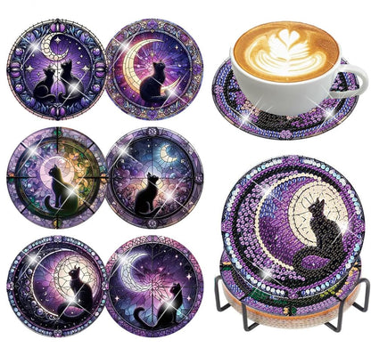 Diamond Art Coasters Kit, 6 Pieces Cat Diamond Painting Coasters Kit - color: Black Cat