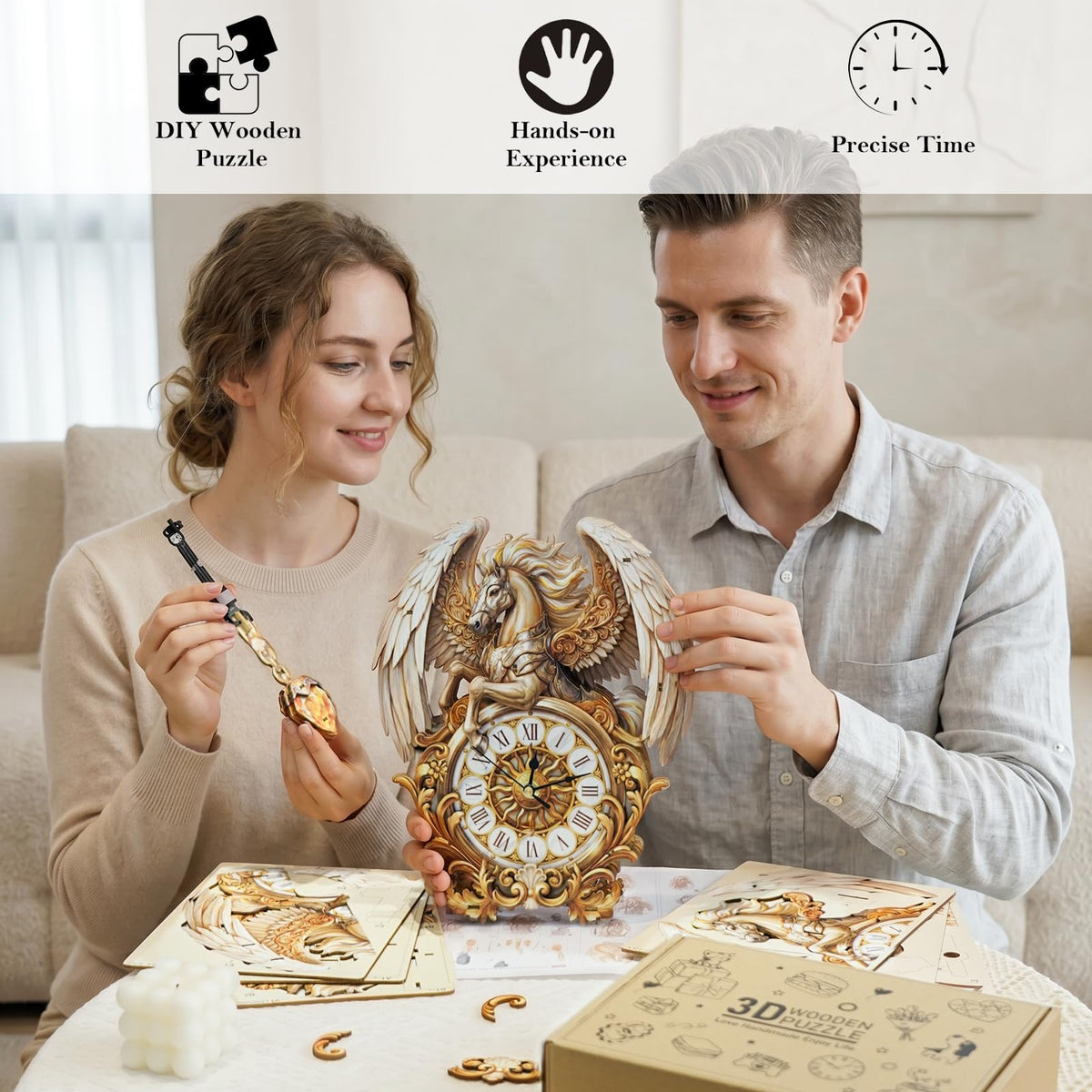 3D Wooden Puzzle for Adults - Winged Steed Clock - color: Winged Steed