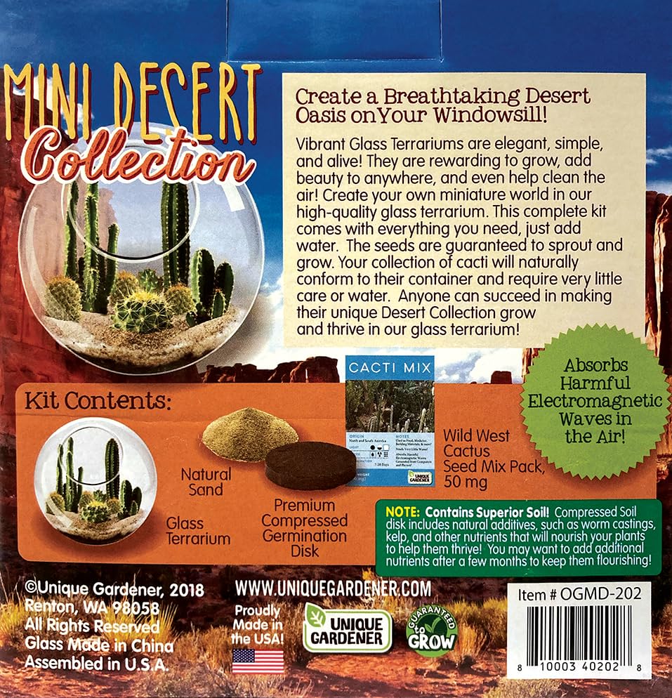 Cactus Succulent Glass Terrarium Starter Kit from Unique Gardener - Grow Your Own Indoor Desert Terrariums - Includes Live Cacti Plants and Easy Setup with Complete Terrarium Supplies - style: Mini Desert