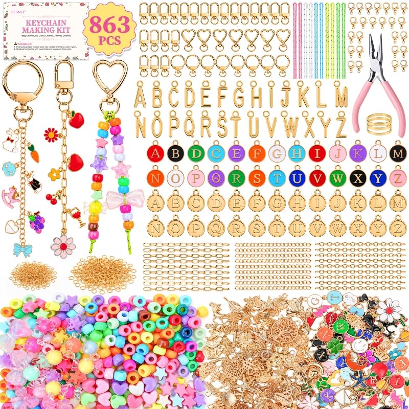 863 Pcs Keychain Making Kit, Alphabet Beads Craft Set with Storage Box