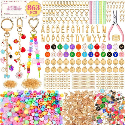 863 Pcs Keychain Making Kit, Alphabet Beads Craft Set with Storage Box
