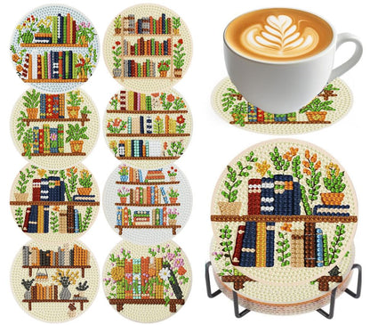 Diamond Art Coasters Kit, 8 Pieces Books Diamond Painting Coasters Kit - color: Bookshelf