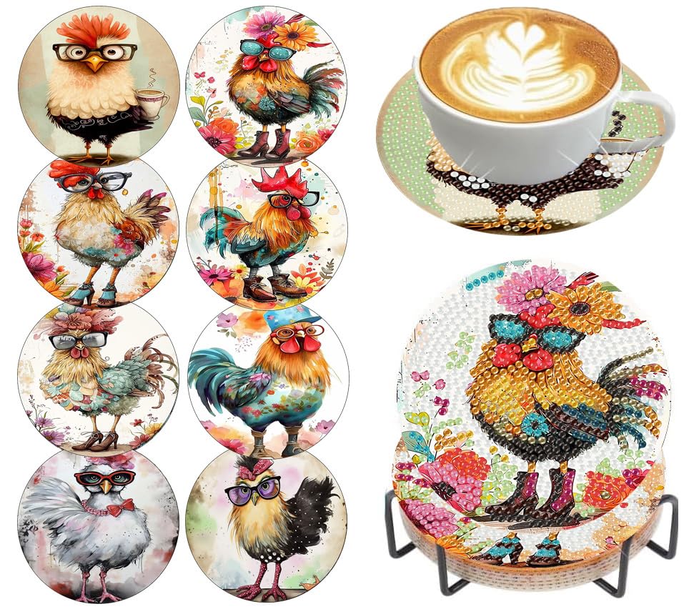 Diamond Art Coasters Kit, 8 Pieces Chicken Diamond Painting Coasters Kit - color: Chicken