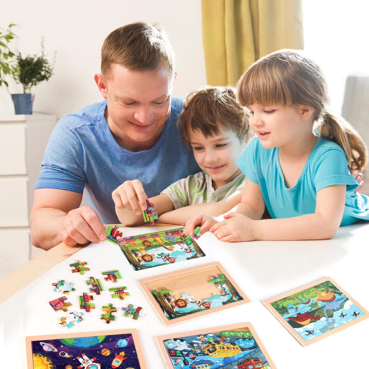 Wooden Educational Jigsaw Puzzles for Preschool Kids Ages 3-5, 4-Pack with 20 Pieces Dinosaur, Space, Transportation Wood Puzzles Set, Kids Brain Teaser Toys, Gifts for Boys Girls Ages 3 4 5 6 - color: Mixed Styles B